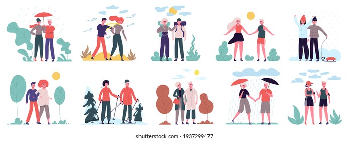 Different seasons. Couples walk at various weather, summer heat, winter snowfall and autumn rain. Couple seasonal activities vector illustration set