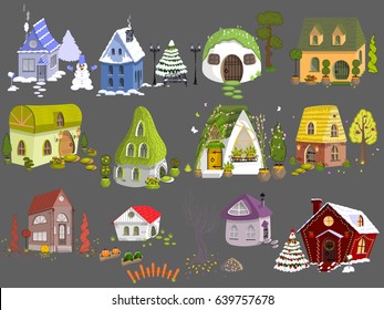 "Different seasons". Set of awesome houses cartoon. Isometric buildings. Vector. 3d