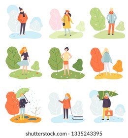 Different Seasons Set, Winter, Spring, Summer and Autumn, People in Seasonal Clothes in Nature Vector Illustration