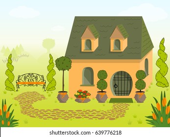 Different seasons. Spring. Educational card for kids. Awesome house cartoon. Fairy tale lodge. Isometric city. Vector.