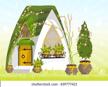 Different seasons. Summer. Educational card for kids. Awesome house cartoon. Gnome or hobbit's lodge. Vector. Isometric city.