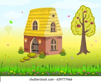 Different seasons. Summer. Educational card for kids. Awesome house cartoon. Fairy tale hobbit's lodge. Vector. Rural house. Isometric city.