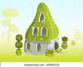 Different seasons. Summer. Educational card for kids. Awesome gnome house cartoon. Fairy tale hobbit's lodge. Vector. Isometric city.