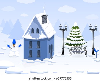 Different seasons. Winter. Educational card for kids. Awesome house cartoon.  Isometric city. Vector.