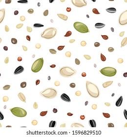 Different seeds on a white background seamless pattern. Vector illustration of Sunflower, pumpkin, sesame, flaxseed, quinoa and hemp seeds in cartoon flat style. Organic natural food.