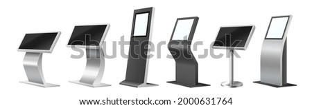 Different self order kiosks realistic set. Interactive boards with touchscreen displays mockup. Freestanding payment terminals isolated on white background. Vector illustration