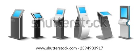Different self-service kiosk to order and payment online realistic mockup set. Modern interactive machines, freestanding terminal and atm construction vector illustration
