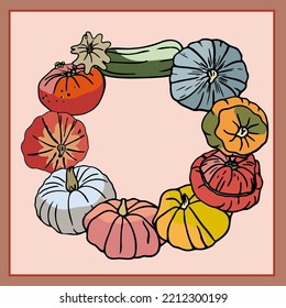 Different separate pumpkins, corn, pattypan squash, tomatoes, and vegetable marrow on a white background. Autumn vegetables in doodle style