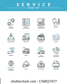 Different service icon set, New and trendy with dual color and shadow linear pictogram pack. modern vector icon concept for web graphics