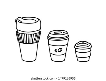 Different serving size coffee cups vector elements. Hot drink tumblr vector illustration. Take away paper cup drinks, black and white doodle.