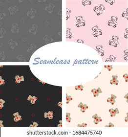 Different set colors seamless pattern vector illustration of hand drawn bear with heart. Doodle drawing, beautiful animal design elements. Funny illustration for kids, Valentine's Day