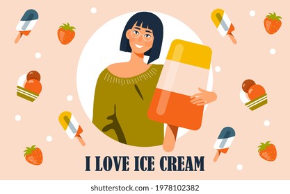 Different set of ice cream, popsicles, fruit ice. Bright summertime poster with sweet food. Human pose for adv. Flat cartoon vector illustration concept design banner, Hero image