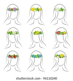 Different set of wreaths of flowers on her head girl