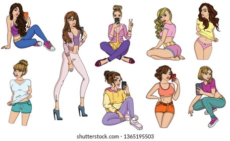 Different sexy beautiful girls. Vector trendy cartoon ladies in modern clothes. Women's group isolated on white background.  girl makes selfie