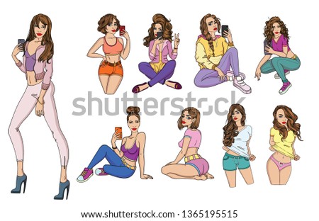 Different sexy beautiful girls. Vector trendy cartoon ladies in modern clothes. Women's group isolated on white background.  girl makes selfie