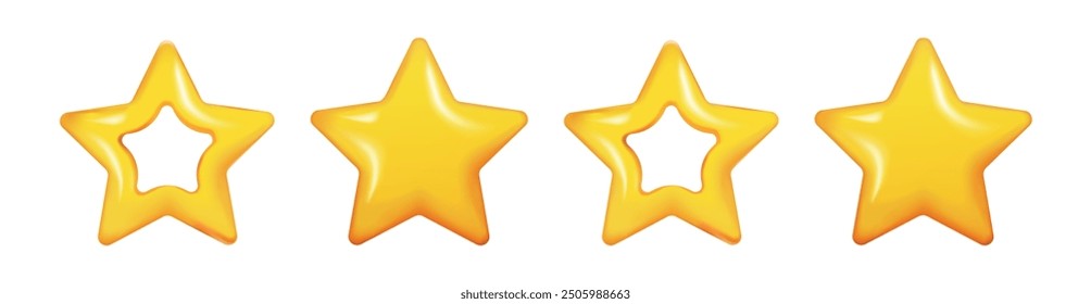 Forma diferente de las estrellas amarillas 3D. Garabatos de abstracción. Render. Brillante. Moneda de icono. Vector. Marcos.  Elementos de diseño. Antecedentes. Aislado. Globos. Pegatina. Comentarios. Calificación