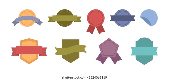 Different shape badge set with ribbons, certificate for winner or champion of challenge. Vector isolated icons of award or reward for first place, best score or result. Game prize for achievement