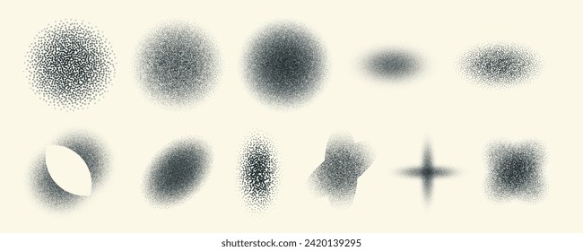 Conjunto de textura de grano de puntos negros de diferentes formas. Estímulo, forma oval de patrón de cuatricromía. Símbolo de efecto de semitono vintage. Degradado atenuado. Ilustración del vector