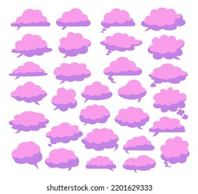 Different shape cartoon pink clouds on white background. Vector decoration element. Chat Bubble Coudly sign atmosphere climate nature shape element 