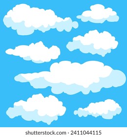 Different shape cartoon white clouds on blue background.