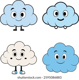 Different shape cartoon white clouds on blue background