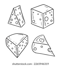 Different shape of cheese pieces with holes isolated on white background. Hand drawn vector sketch illustration in doodle engraved vintage line art style. Food, snacks, diary products, healthy