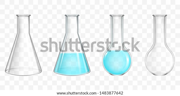 透明な背景に異なる形 空 水で満たされた 青い液体 化学試薬ラボのフラスク3dのリアルなベクター画像セット 科学研究所または医学研究所のガラス器の イラスト のベクター画像素材 ロイヤリティフリー