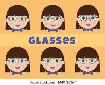 Different shape of eyeglass frames. Set types of glasses. Vector illustration of a girl with glasses.