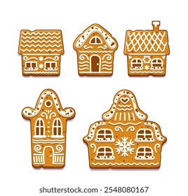 Different shape and forms of cute gingerbread houses sweet treat with christmas ornaments set