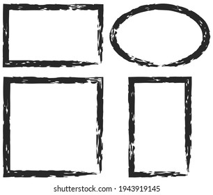 Different Shape Frames. Grunge Style. Set dark grey textured frame. Vector illustration. Isolated on white background. 