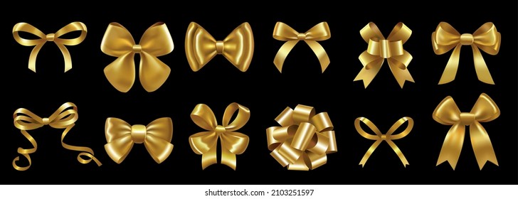 Different shape gold bows tied with silky ribbon for decorating luxury gift isolated set on black background realistic vector illustration