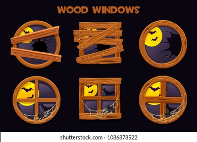 Different shape and old shattered wood windows, cartoon building objects with cobwebs and full moon. Element home Interiors