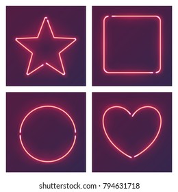 Different shape pink neon frames. Vector realistic neon star, square, circle and heart  on brick wall.