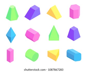 Different shape prism collection on white backdrop, tetrahedron octahedron cuboid cylinder pentagonal and square pyramids vector illustration