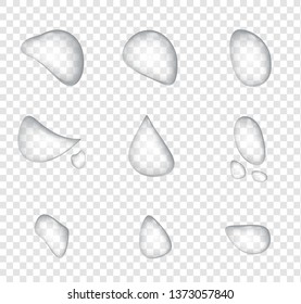 Different shape of realistic water drops vector on transparency background. Glass bubble drop condensation surface, element design clean drop splash