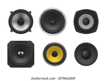 Different shape sound speaker set realistic vector illustration. Collection modern electronic equipment for acoustic volume music listening isolated. Metallic power bass system loudspeaker device