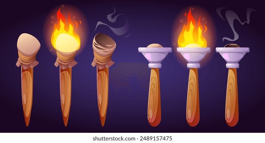 Antorcha de diferentes formas lista para usar, quemándose con fuego y extinguida con humo. Conjunto de Ilustración vectorial de dibujos animados de diseño ui del juego de linterna de luz medieval. Antiguo palo flambeau.