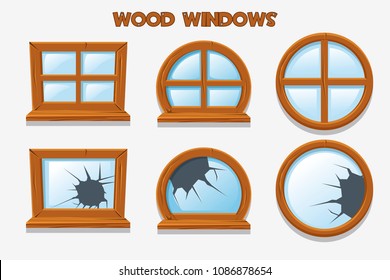 Different shape and vector old shattered wood windows, cartoon building objects. Element home Interiors