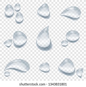 Different shape of water drops vector on transparency background. Glass bubble drop condensation surface, element design clean drop splash