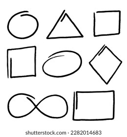 Different shaped frames set in hand drawn doodle style. Highlighting objects. Scribble frames. Vector illustration on white background.