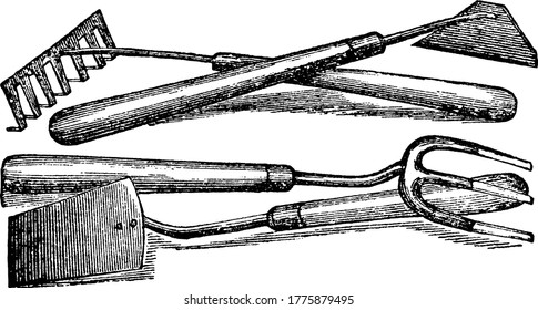 Different shaped garden tools used in garden, vintage line drawing or engraving illustration.