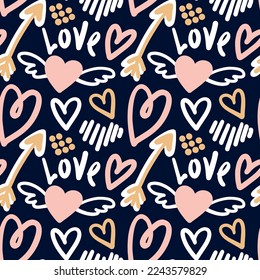 Different shaped heart on black background. San Valentine's Day. Seamless pattern. Vector.