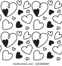 Verschiedenes, geformtes Herz auf schwarzem Hintergrund. San Valentinstag. Nahtloses Muster. Vektorgrafik.