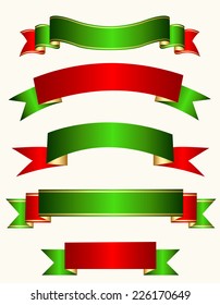 Different shaped ribbon banner collection in red, green and gold mix isolated on white background specially for christmas designs
