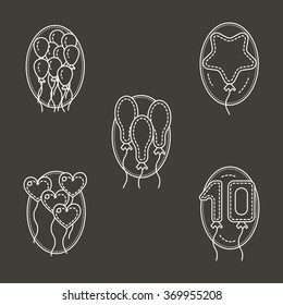 Different shapes balloons. Decor for party, celebration, festive event and other. Set of flat white line vector icons on black background. Elements of web design for business and site. 