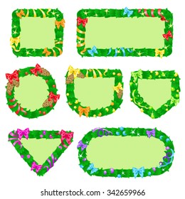 Different shapes of banners with fir frames in cartoon style / Small and wide cartoon banners with fir frames, decorated with ribbons, bows and balls 
