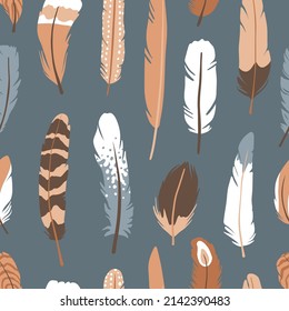 Different shapes bird feathers on blue seamless pattern.  Fluffy plumage. Flat style hand drawn simple elements. White, beige, brown colors. Vector texture for textile, fabric, paper