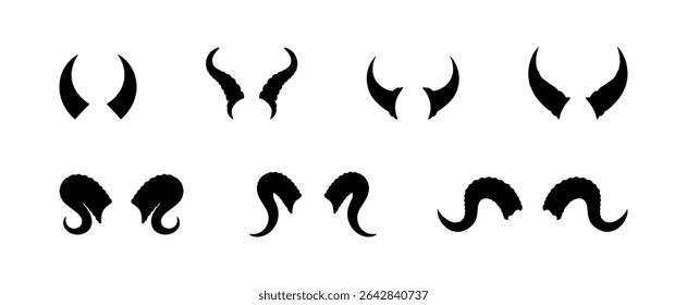 Different shapes of black devil horns on a white background