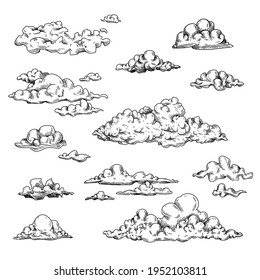 Different shapes of clouds engraved illustrations set. Hand drawn sketch of clouds, sky elements outline design isolated on white background. Nature, weather, forecast concept