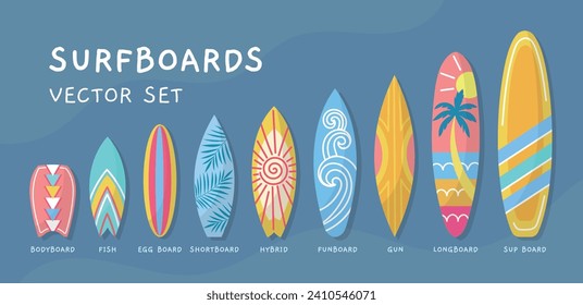 Different shapes colored surfboards. Decorative patterned boards, different types and lengths, sports, hobbies and recreation, vector set.eps
